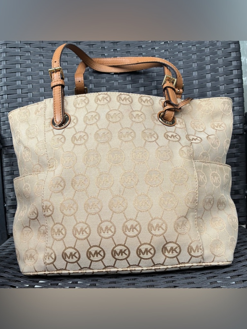 Michael Kors Tan Beige MK Logo Canvas Tote with Leather Straps - Picture 2 of 16